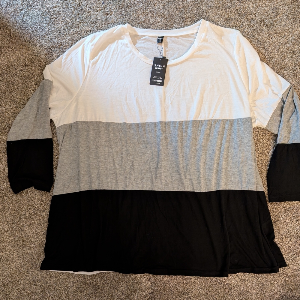 SHEIN Fit+ Tri-Tone Long Sleeve Top - Black, Gray, White Size 32/34 NWT